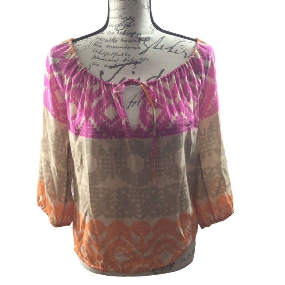 SALE Women's Trina Turk Keyhole Pink Orange Gray Silk Blend 3/4 Sleeve Shirt